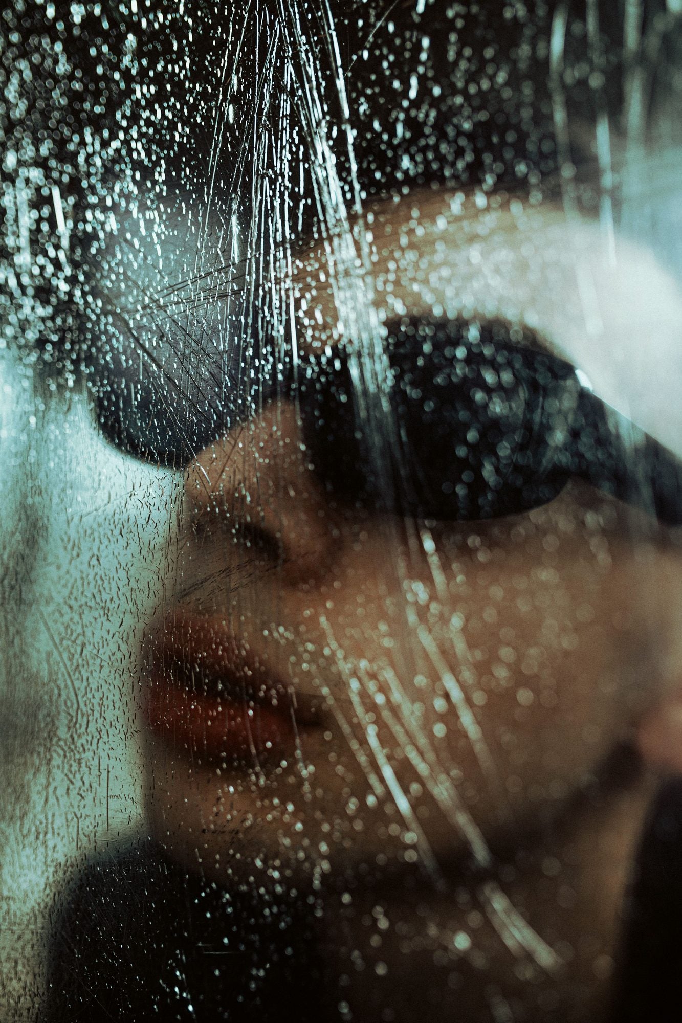 AXYRON — sunglasses behind rain-streaked glass